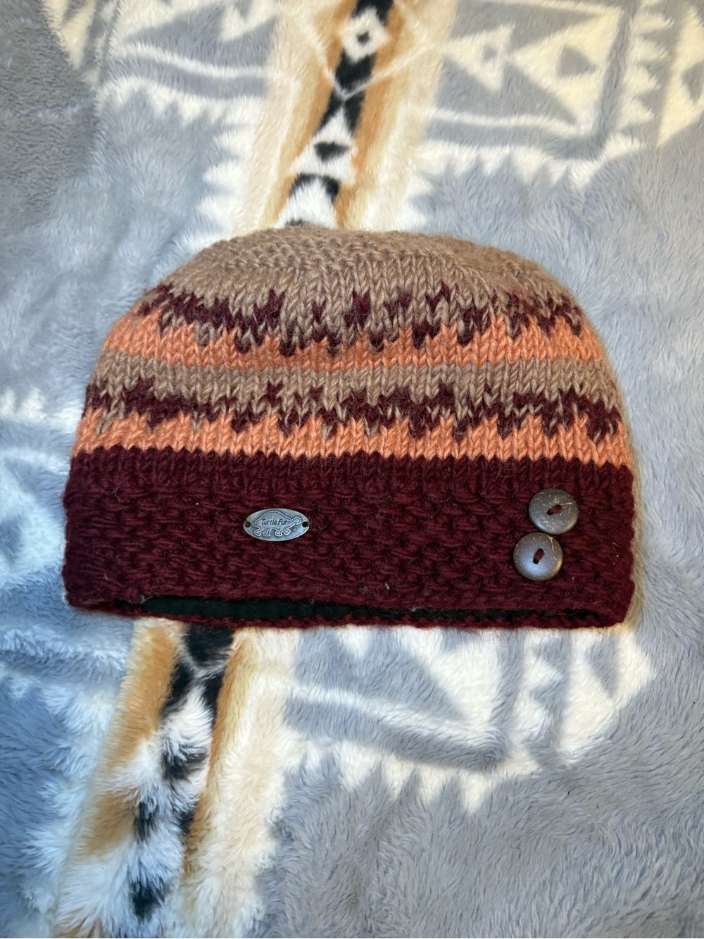 Turtle fur cozy Colorblock Knit Beanie in Burgundy, with Button Accents